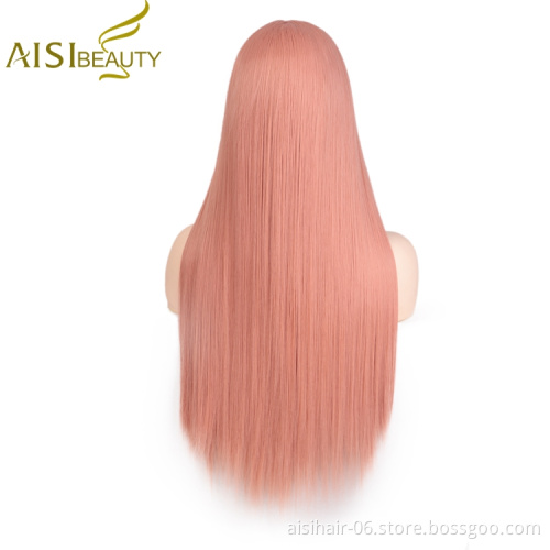 Aisi Beauty Hot Selling Wholesale Long Silky Straight Pink Pre Plucked Middle Part Synthetic Hair For Black Women Lace Front Wig